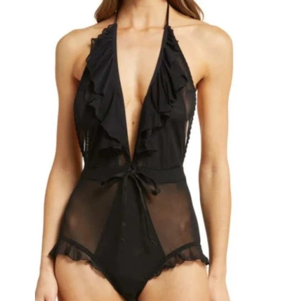 HAH Hot As Hell Black Mesh Ruffle Halter Teddy One Piece Lingerie Small NWT